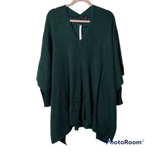 RDI Oversized Pullover Sweater Poncho Knit V-Neck Asymmetrical Hem Green Small S